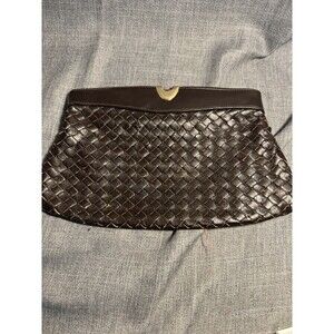 Vintage Brown Woven Leather Clutch Purse – Mid-Century Handbag with Satin Lining